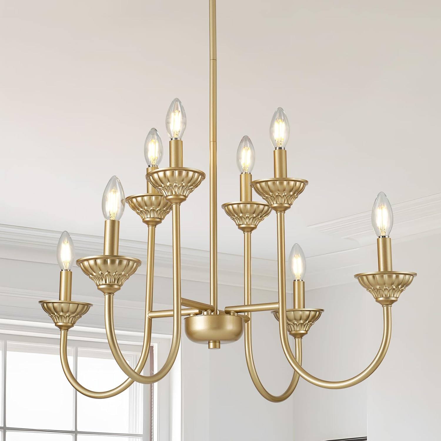 8-Light Modern Farmhouse Gold Chandelier, Traditional Candle Pendant Light Fixture for Dining Room Foyer Living Room, Adjustable Height, E12 Base