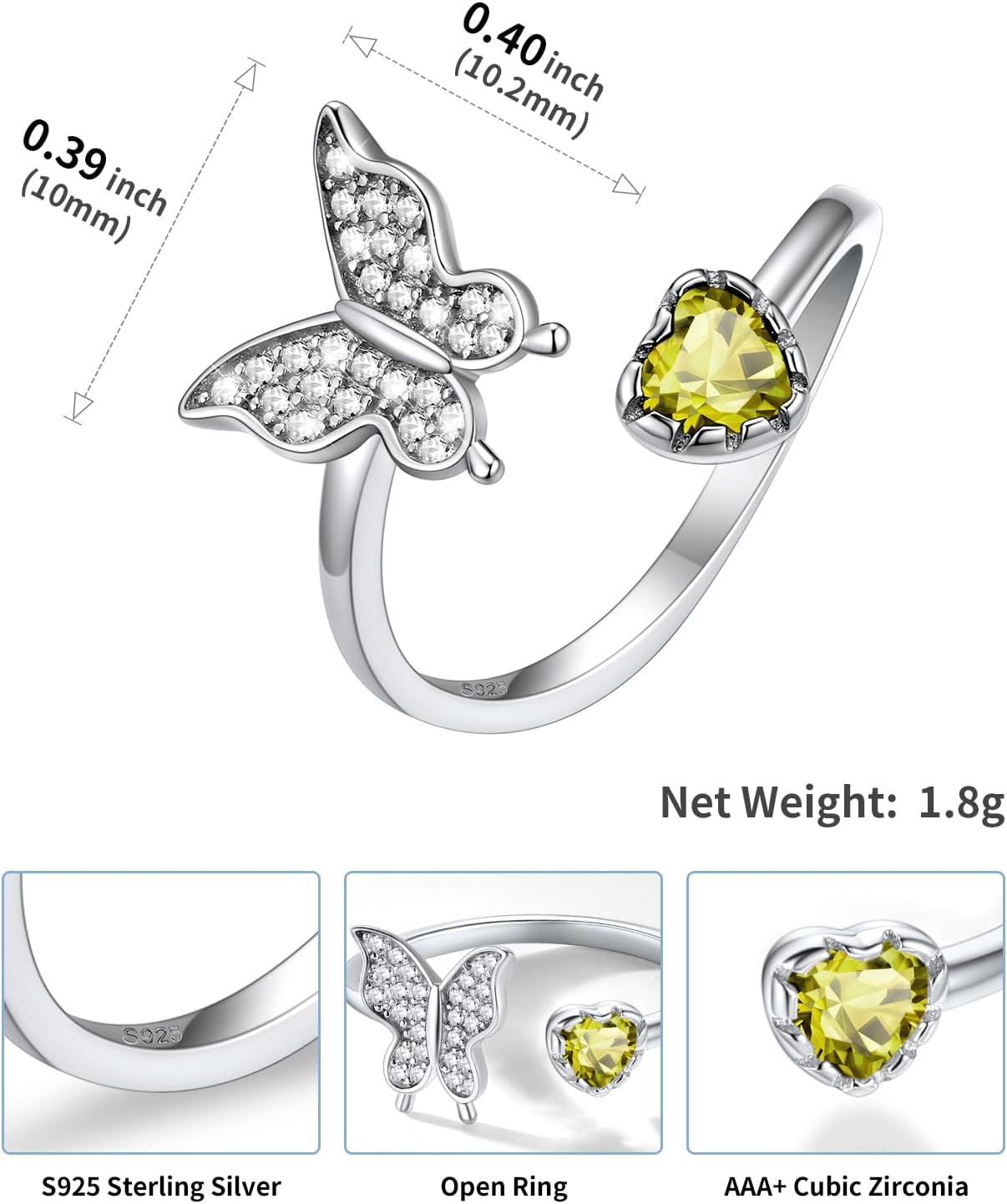 SILVERCUTE Butterfly Rings for Women - 925 Sterling Silver Birthstone Ring Women Jan-Dec Adjustable Ring with Cubic Zirconia Cute Butterfly Jewelry
