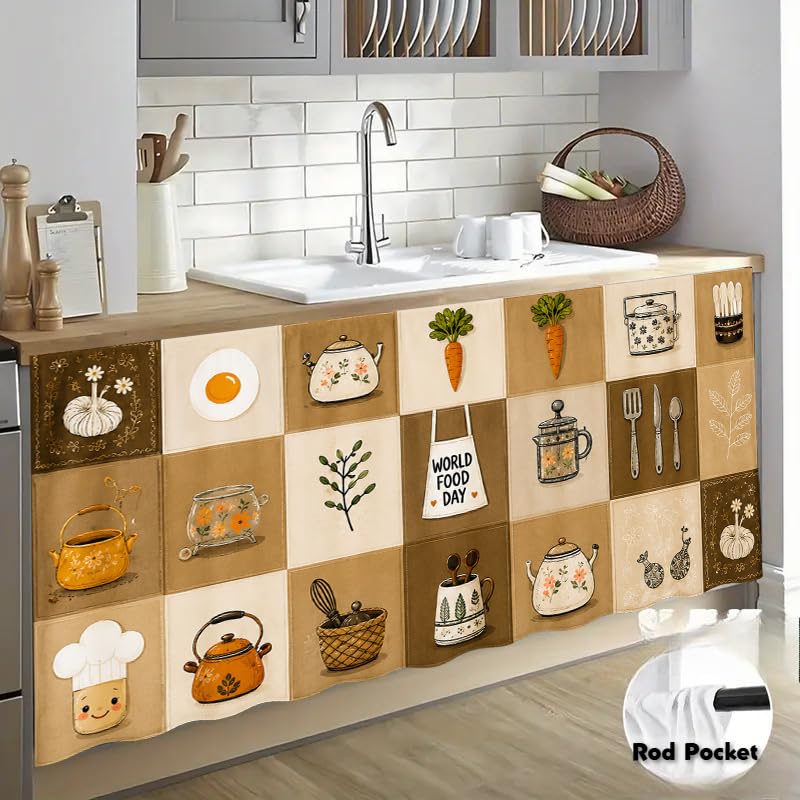 Image of Premium Printed Kitchen Sink Curtain | Washable & Dustproof Rod Pocket Counter Skirt | Perfect for Any Sink | Multicolor Cooking Theme Decor for Home & Kitchen(150cm X 70cm) (Coffee Kitli)