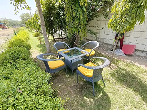 Image of Anaya Decor D-8 Chairs Table Set 4+1 Wicker Patio Furniture Sets 4 Chair and 1 Table with Cushions for Garden Balcony Bedroom Powder Coated Frame Uv Protected Wicker (Black+Yellow)