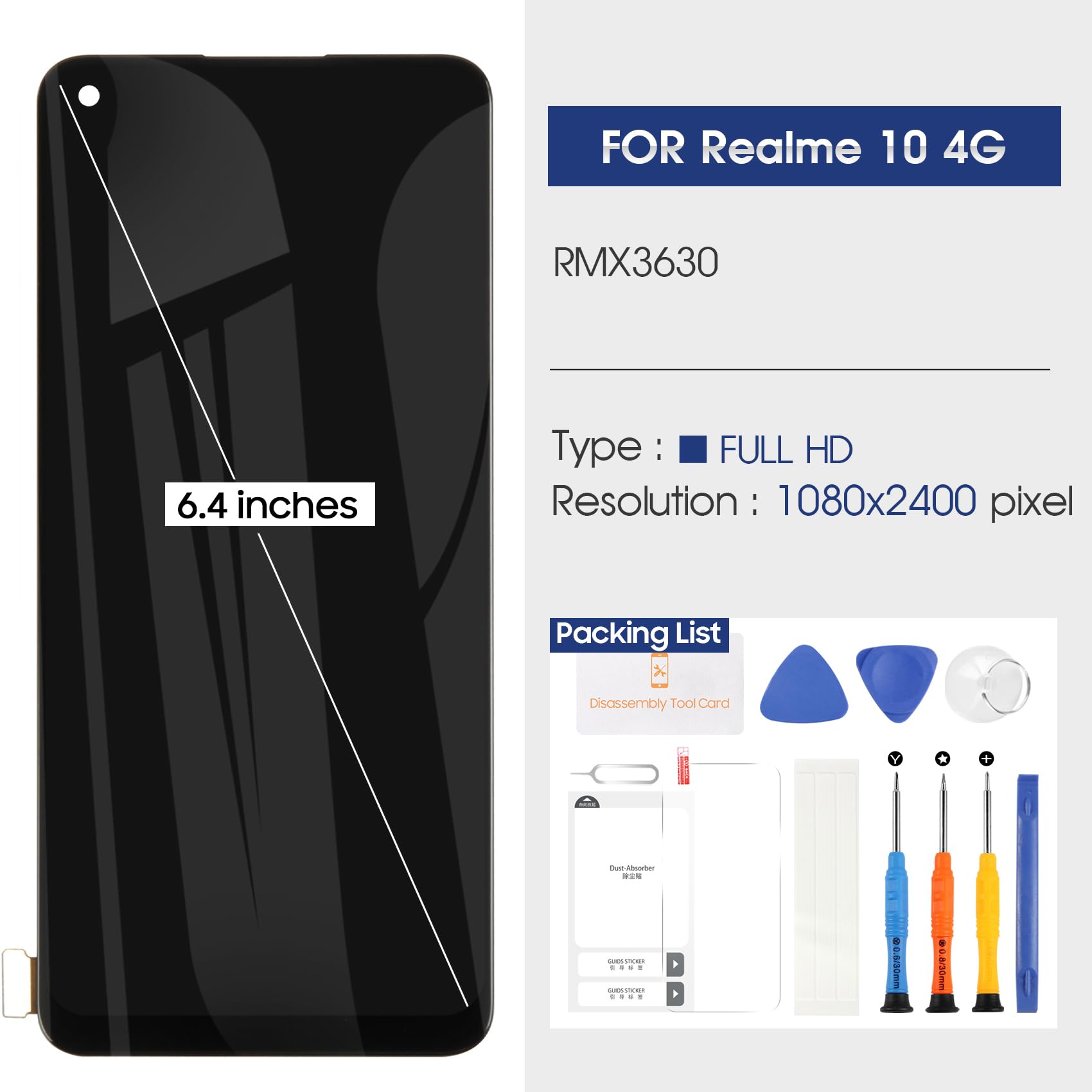 Schermo LCD per Realme 10 Schermo di ricambio per Oppo Realme 10 RMX3630 LCD Display Vetro Touch Screen Pannello Digitalizzatore Full Assembly con Kit di Riparazione (6,4 Pollici), Nero