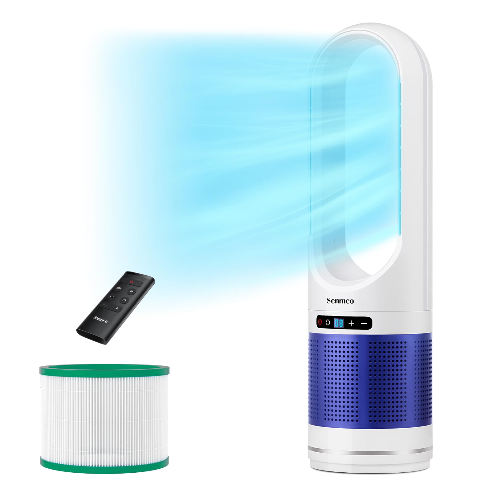 Senmeo 32" Bladeless Tower Fan with Air Purifier, Bladeless Fan with Remote, HEPA Filter for 99.7% Smoke Dust Dander, 8 Speeds, 90° Oscillation, 8 H Timer, LED Display, Air Purifier for Home