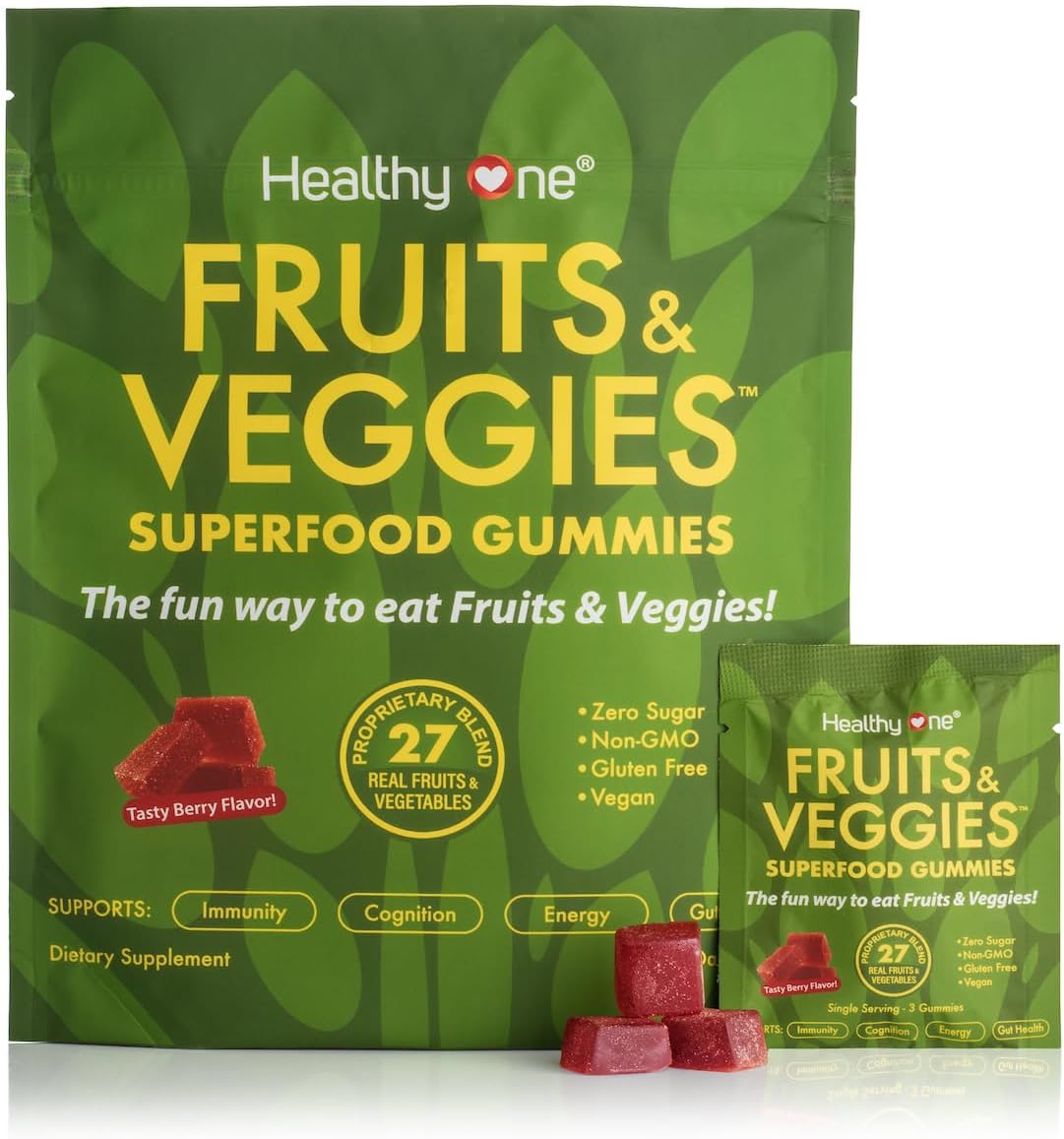 Fruits & Veggies Sugar-Free Gummies - 27 Whole Foods - Equals 3 Servings of Fruits & Vegetables - Improve Energy, Focus & Immune Function - Fiber - Antioxidants - Organic Ingredients - 14 Packets