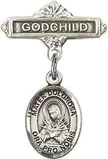 Sterling Silver Baby Badge with Mater Dolorosa Charm and Godchild Badge Pin 1 X 5/8 inches