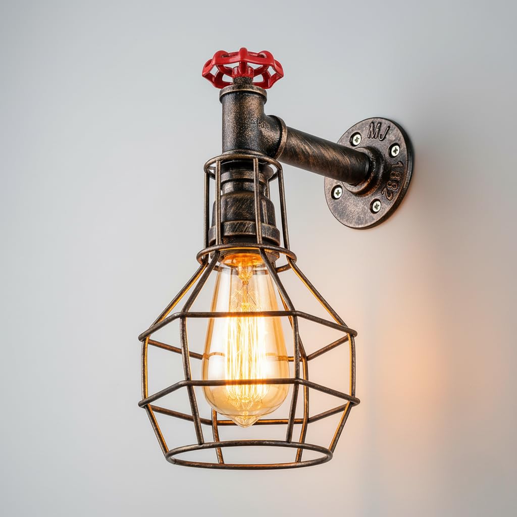 Vintage Industrial Steampunk Water Pipe Wall Light E27 Retro Bird Metal Cage Wall Sconce Wrought Iron Frame Rustic Decorative Wall Lamp for Bedroom, Living Room, Café, Bar, Hallway (Brushed Copper)