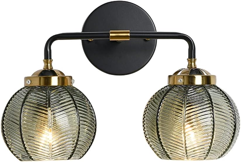 Mid Century Vanity Light Black Bathroom Wall Light Fixtures Green Glass Wall Sconce lamp Ribbed Glass Shade Modern Art Deco Vanity Lights for Over Mirror Bedroom Hallway 2 Lights 2-Head