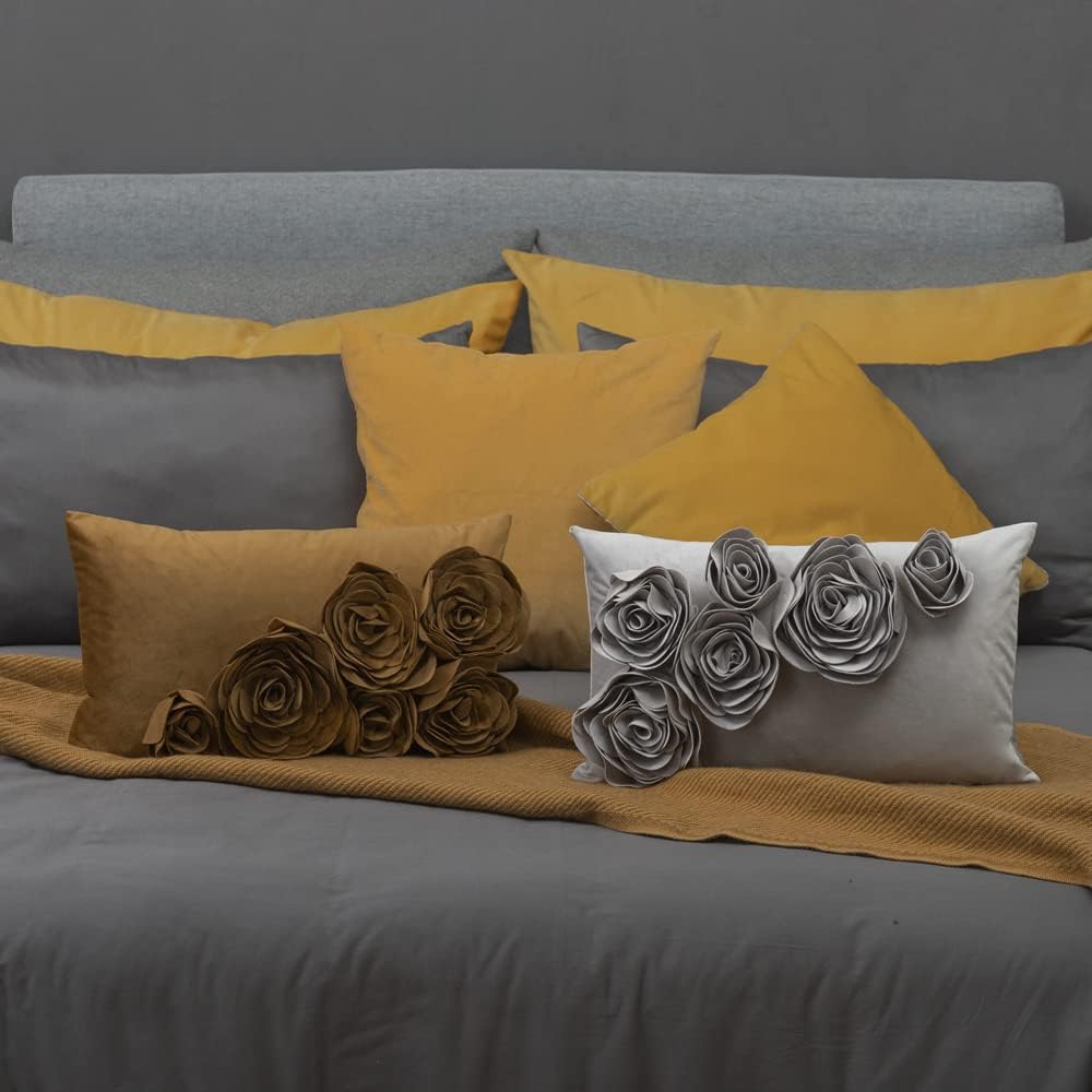 JWH 3D Flower Throw Pillow Cover Decorative Handmade Floral Pillow Case Soft Velvet Pillowcase Lumbar Cushion for Bed Living Room Chair Couch Decor Shams 12x20 Inch Golden Brown