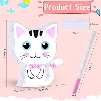 Aoriher Cat Pinata with Blindfold and Bat, Cat Birthday Party Supplies Kitty Pinatas Pink and White for Party Favor Birthday Decorations, 14.2 x 12.8 x 3.2 Inch, Pink and White