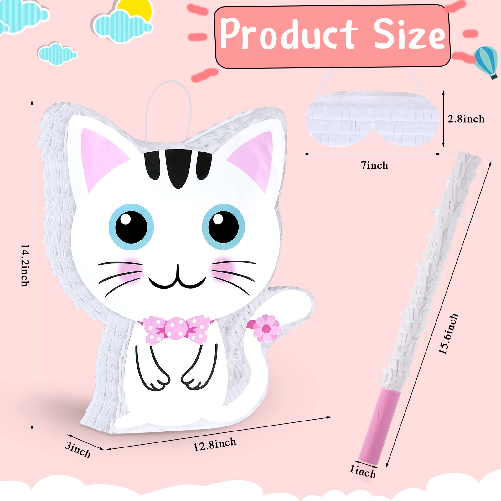 Piñata Chat Fournitures de Fête d'Anniversaire de Chat Pinatas de Chat Minou avec Bandeau et Bâton Rose et Blanc pour Anniversaire Fille Enfant 14,2 x 12,8 x 3,2 Pouces, Rose et Blanc