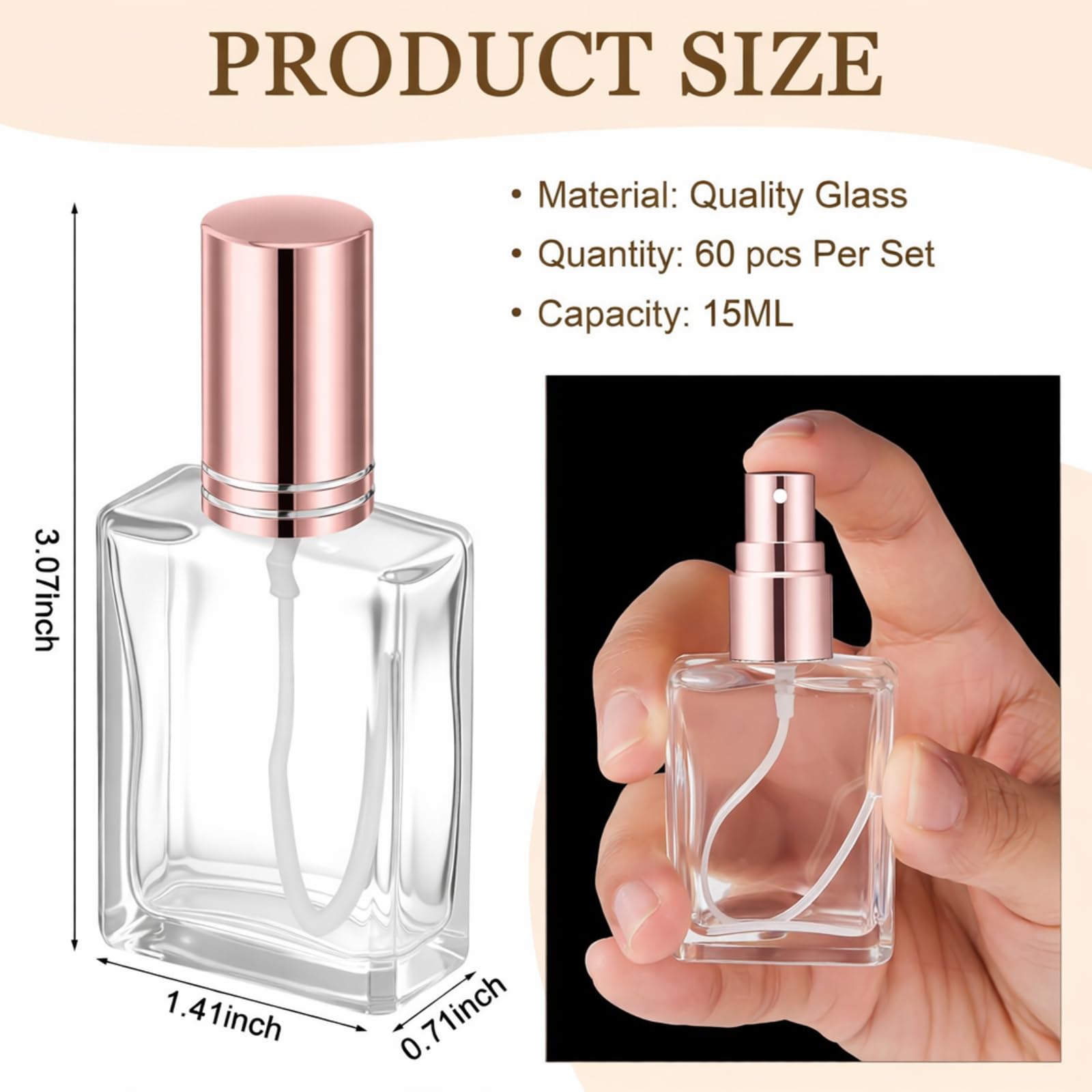 Domensi 60 botellas de perfume de vidrio de 10/15/30/50 ml, mini botellas de vidrio vacías atomizadoras a granel rellenables con herramienta de bomba para el cuidado de la piel de viaje (15 ml, oro