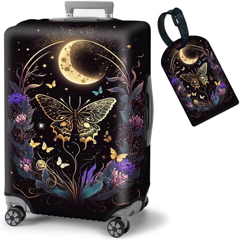 FUYOCWE Luggage Covers for Suitcase TSA Approved,Elastic Washable Suitcase Cover Protector,Butterfly Flowers & Gold Moon Luggage Cover Sleeve Wrap for 30 31 32 Inches Suitcase Travel Accessories