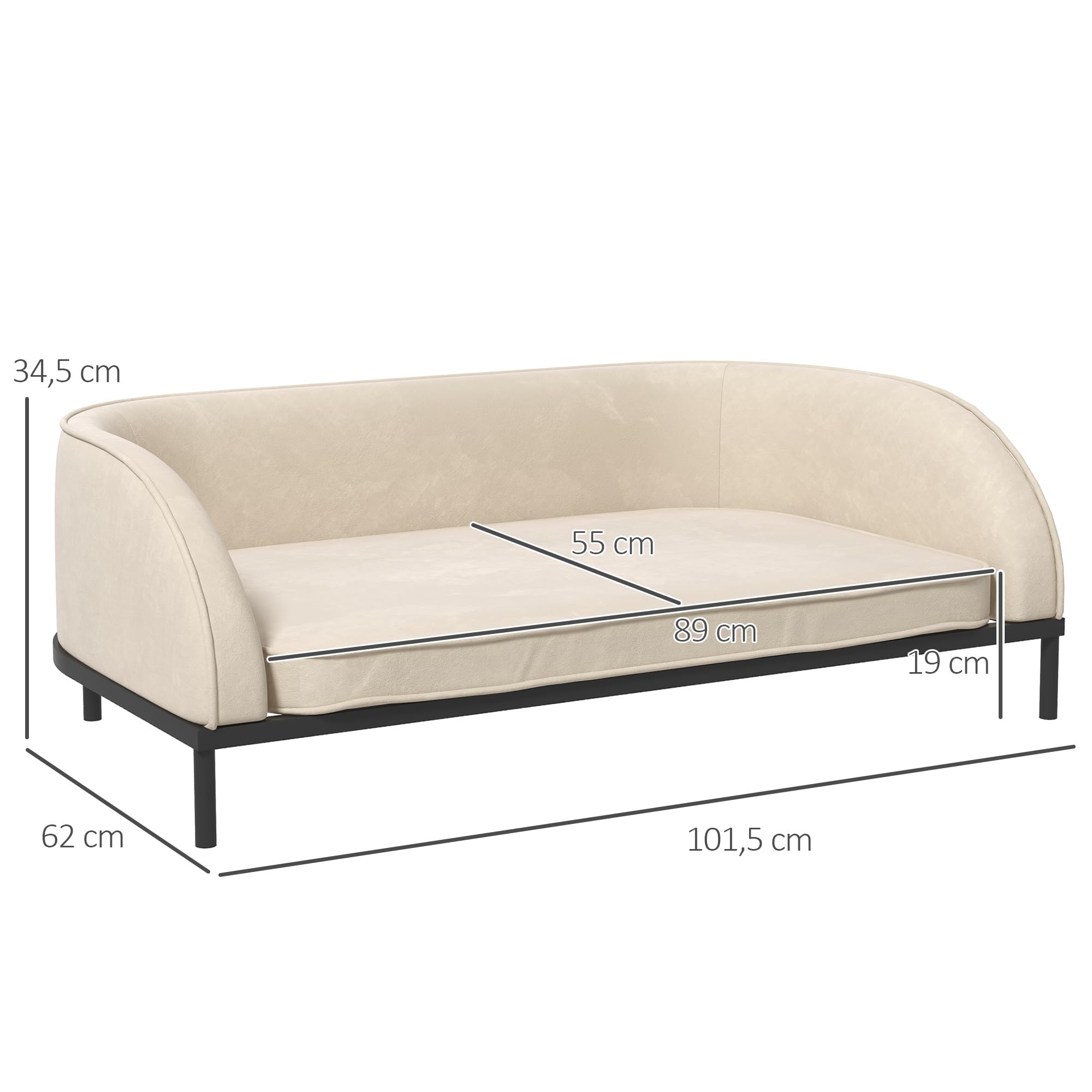 PawHut Canapé pour Chien lit surélevé pour Chien 101,5 x 62 x 34,5 cm Coussin déhoussable Pieds en Acier Surface en Velours lit pour Chien Blanc crème Noir