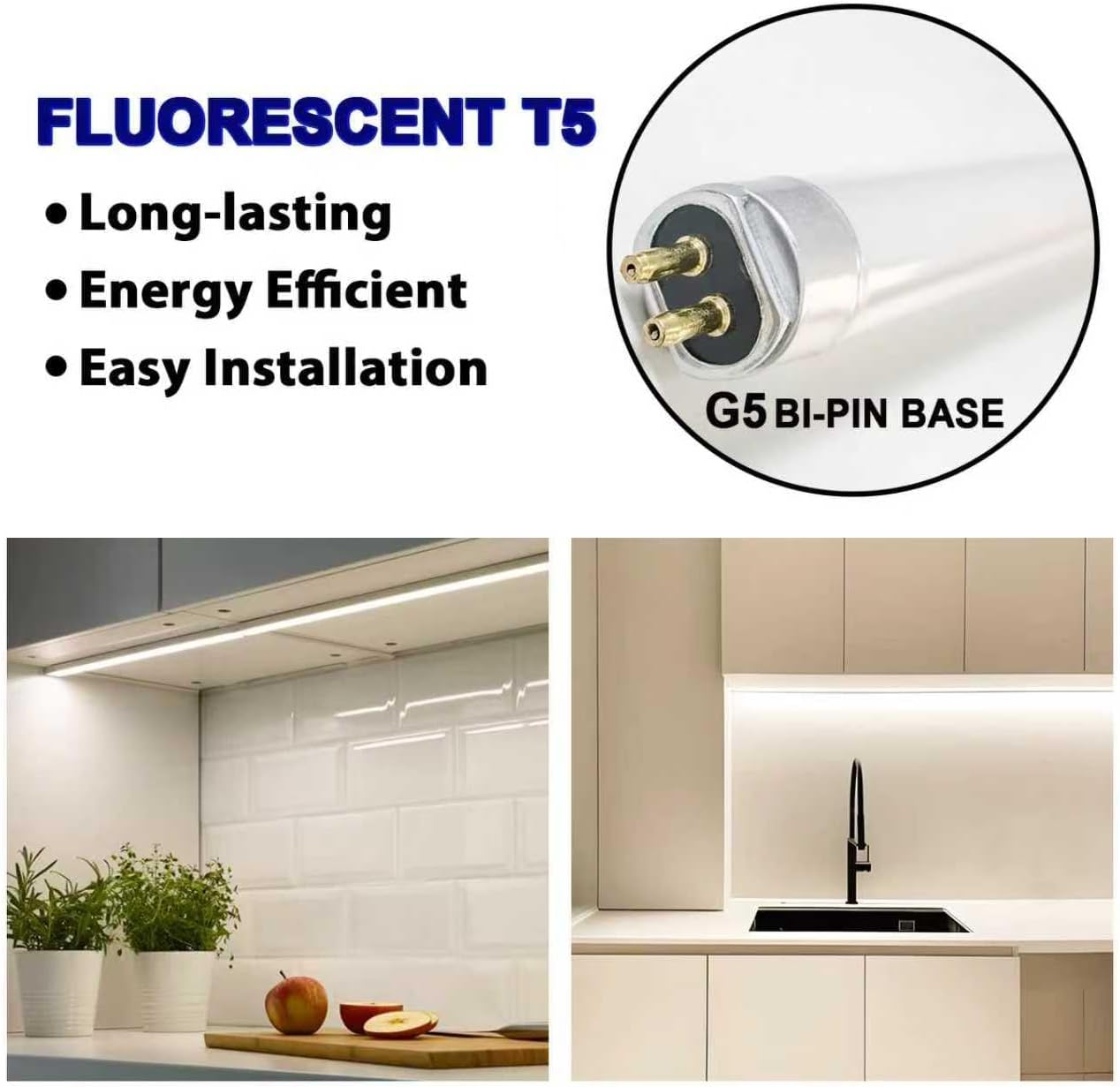 Konideke (4 Set) F8T5/CW 8 Watt and F13T5/CW 13 Watt, T5 12 Inches 8W and 21 Inches 13W Under Counter Fluorescent Light Bulbs, Cool White 4100K G5 Cap