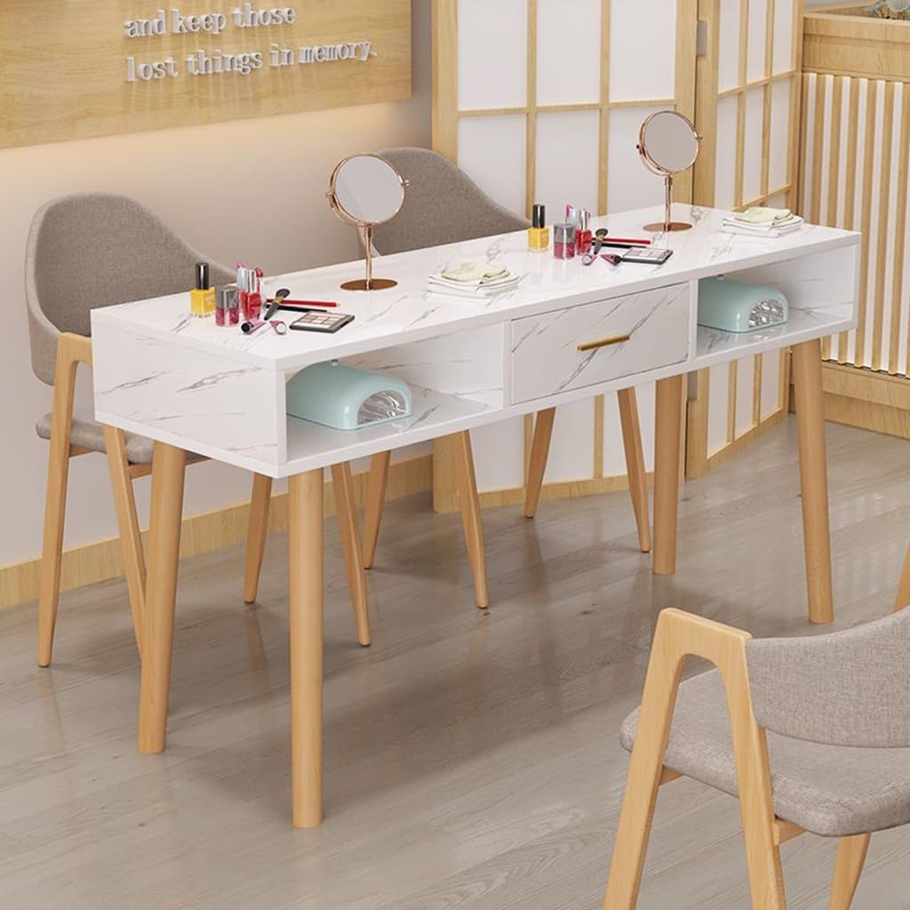 Mesa de manicura Profesional con cajón de imitación de mármol y Patas de Madera Maciza, Banco de Trabajo Ideal para técnicos de uñas (Estilo 1, 120 x 40 x 78 cm)