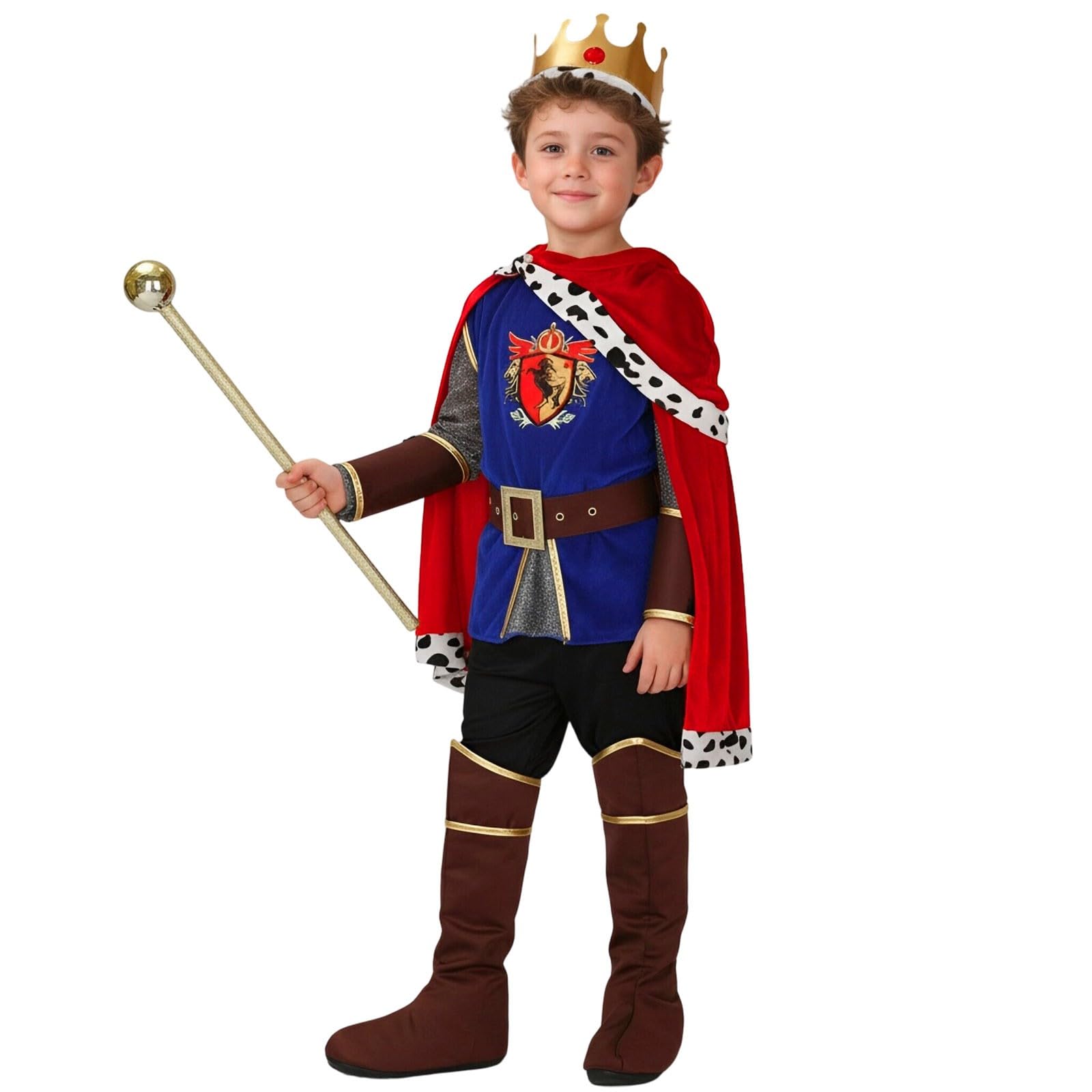 MaNMaNing Costume Carnaval Enfant Garcon Roi Cape Sceptre Cosplay Médiéval Fête Anniversaire Spectacle Tenue Monarque Souverain Costume Enfant Garcon 3 13 Ans