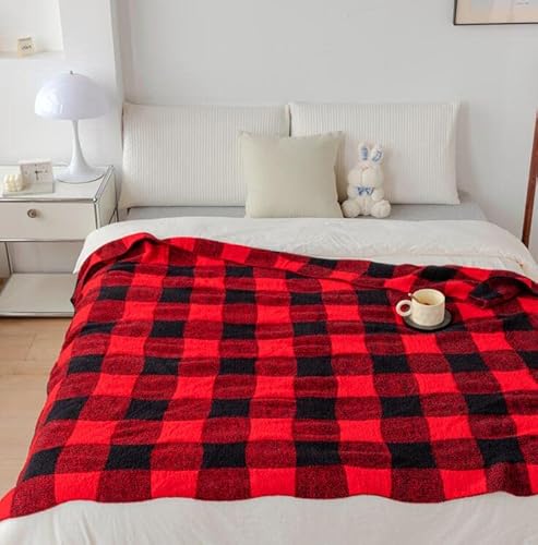 Ultra Soft Classic Checkerboard Chessboard Knitted Throw Blankets Lattice Fluffy Microfiber Lightweight Warm Cozy Bed Blankets Decor For Couch Sofa Bed (Red+Black, 51"X63") #TOP2
