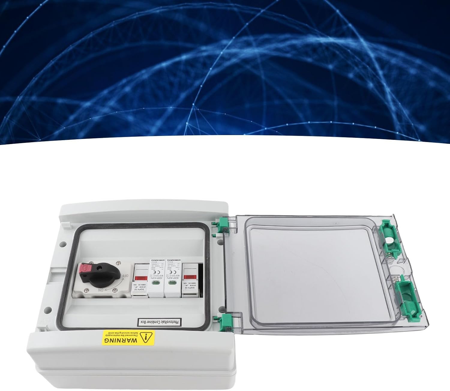 Solar PV Combiner Box 32A IP65 Fireproof Photovoltaic Combiner Box with Disconnect Switch for Solar Panel Systems Off Grid Power RV Marine Applications