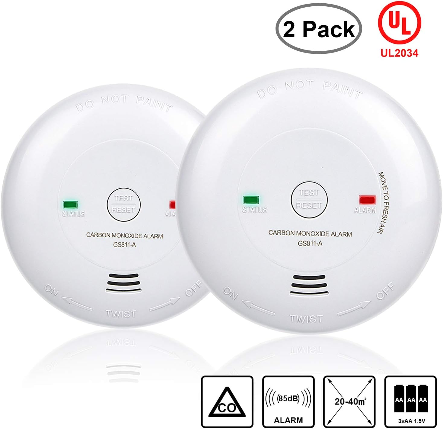 Carbon Monoxide Alarm, 2 Packs UL 2034 Listed Carbon Monoxide Detector Battery-Operated CO Alarm(Not Hardwired) Silence Button, Electrochemical Sensor(Battery Included)