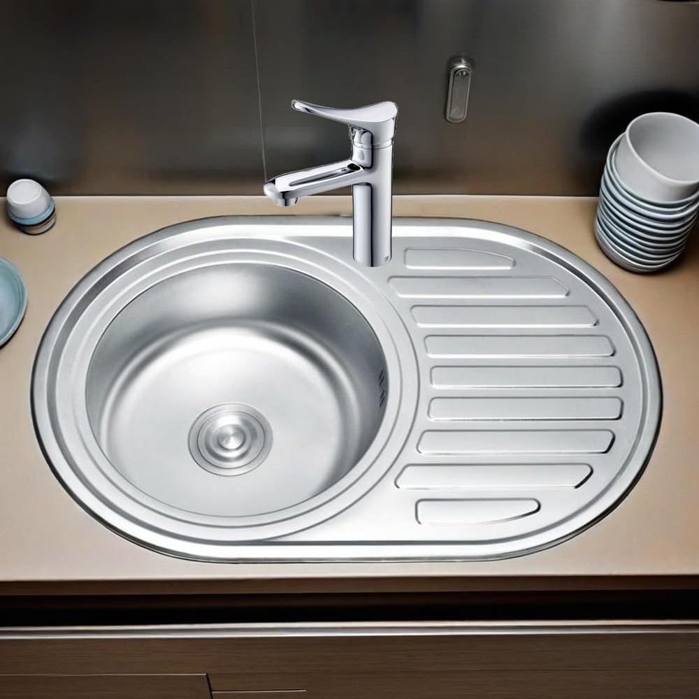 Melko Spülbecken Edelstahlspüle Rundbecken Einbauspüle 77x50 cm mit Siphon | inkl. Ablaufgarnitur, Ablage links, Anti-Kondensbeschichtung, rostfrei und pflegeleicht, hygienisch, für moderne Küchen