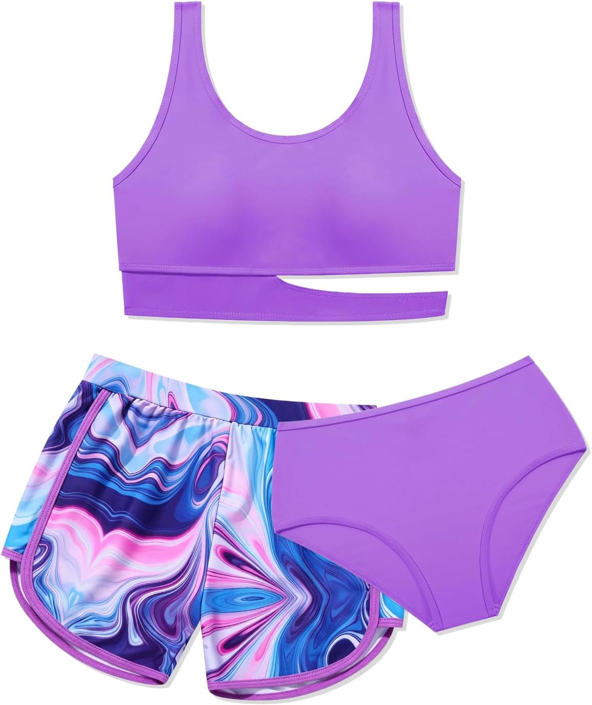 Girls 3 Piece Athletic Swimsuit Set, Modest Bathing Suit with Shorts, High-Waisted Bikini with Removable Pads for Girls 7-16