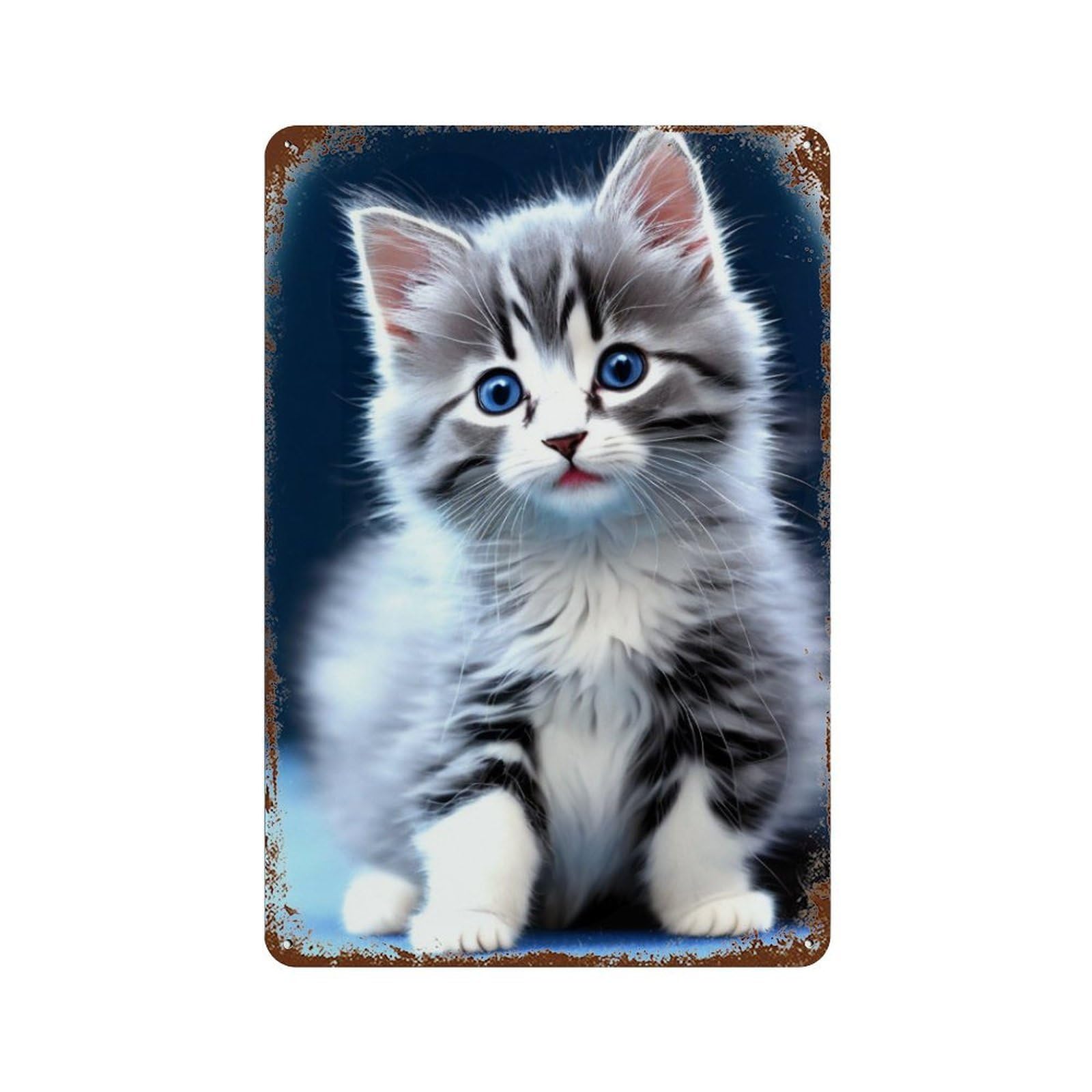 Rust Effect Adorable Kitten with Blue Eyes Rustic Tin Plaque 11.8"x7.9", Classic Wall Plaque for Shed, Workshop And Garage Wall Decor
