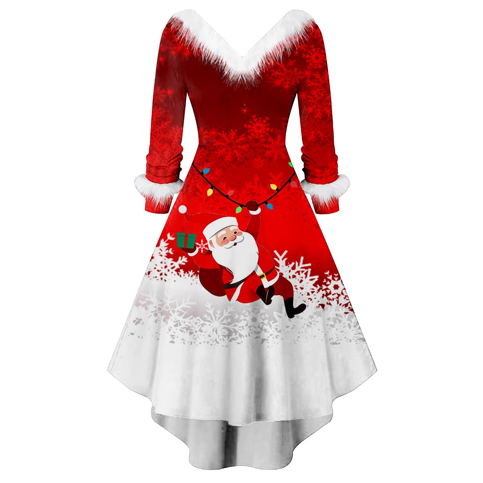 Babbo Natale Vestito- Vestiti Natalizi Donna Elegante Vestito di Natale con Scollo a V Abiti Stampa Natale a Linea Invernale Vestiti Christmas Vintage Costume da Babbo Natale Donna Abiti da Cerimonia