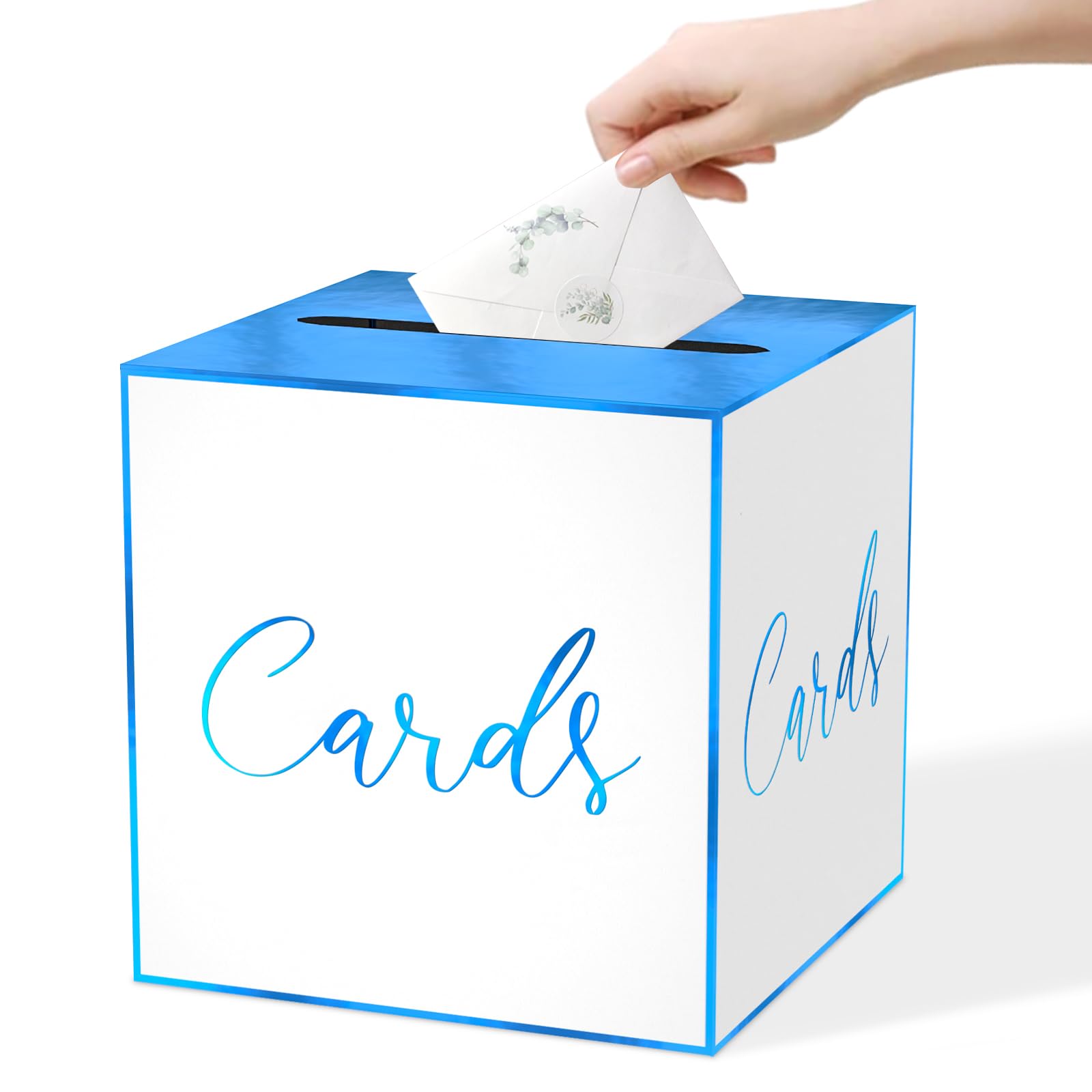 White Card Box for Party, 8.7" Blue Foil Gift Cards Receiving Box Holder for Wedding, Bridal Shower, Graduation, Birthday, Retirement, Baby Shower, Anniversaries Party Decorations