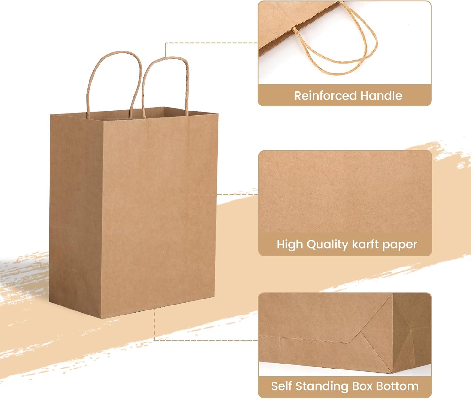 Landteek Fine 150Pack Brown Paper Bags 5.25x3.2x8 Inches Small Kraft Gift Paper Bags with Handles Bulk, Retail Bags for Small Business, Shopping, Merchandise, Birthday Wedding Party Favor Bags