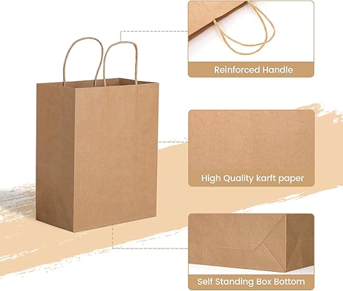 Miniatura 3 de Paquete de 150 bolsas de papel marrón de 5.25 x 3.2 x 8 pulgadas, pequeñas bolsas de papel de estraza con asas a granel, bolsas de venta al por