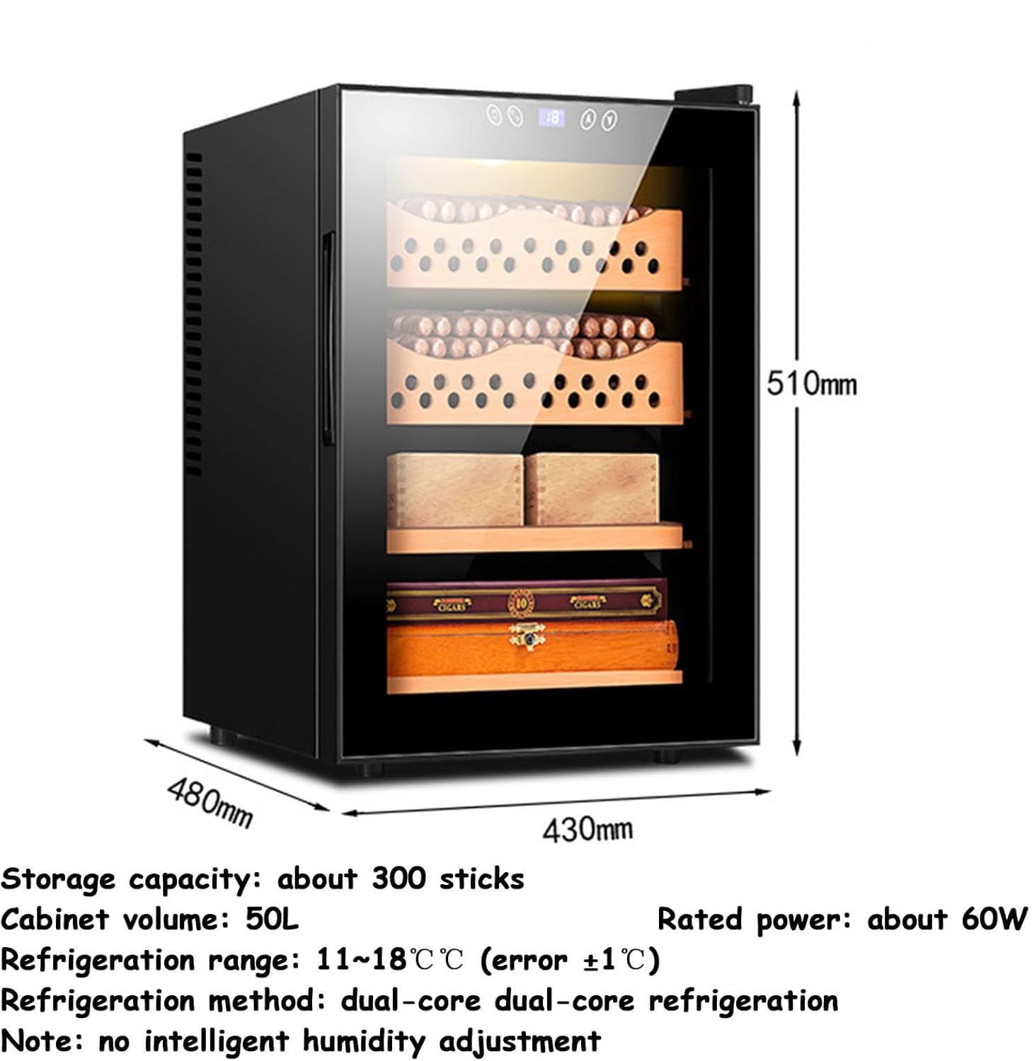 Elektronische Zigarrenkiste, Elektronischer Humidor-Zigarrenschrank, Elektrischer Humidor Für 200–300 Zigarren, Zigarren-Humidor-Kühler, Temperatur 11–18 °c Non-adjustableHumidity-A