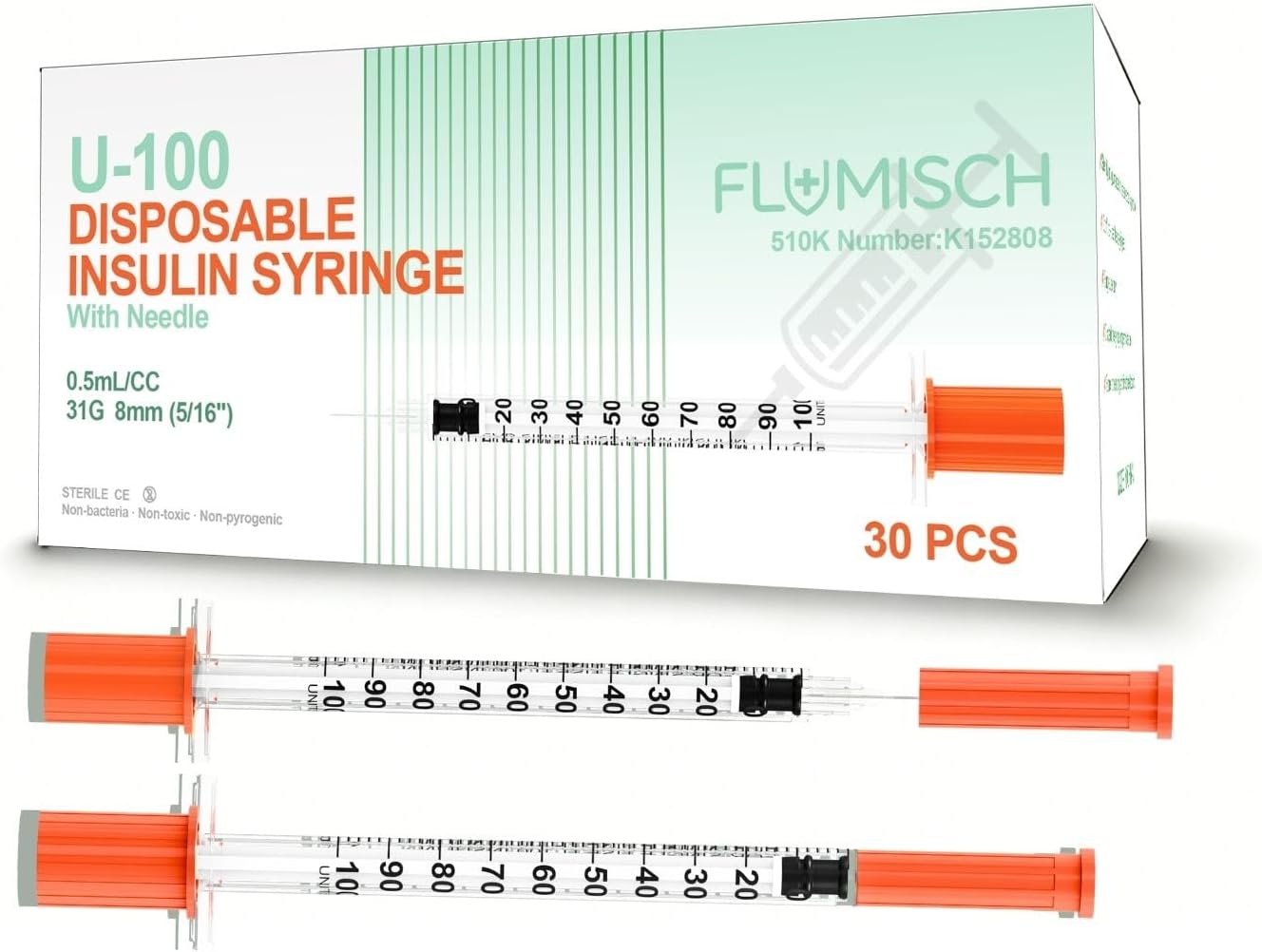 0.5cc U-100 Insulin Syringes with 5/16"(8mm) 31 Gauge Needle, Bold Dosing Marks, Disposable, Box of 30