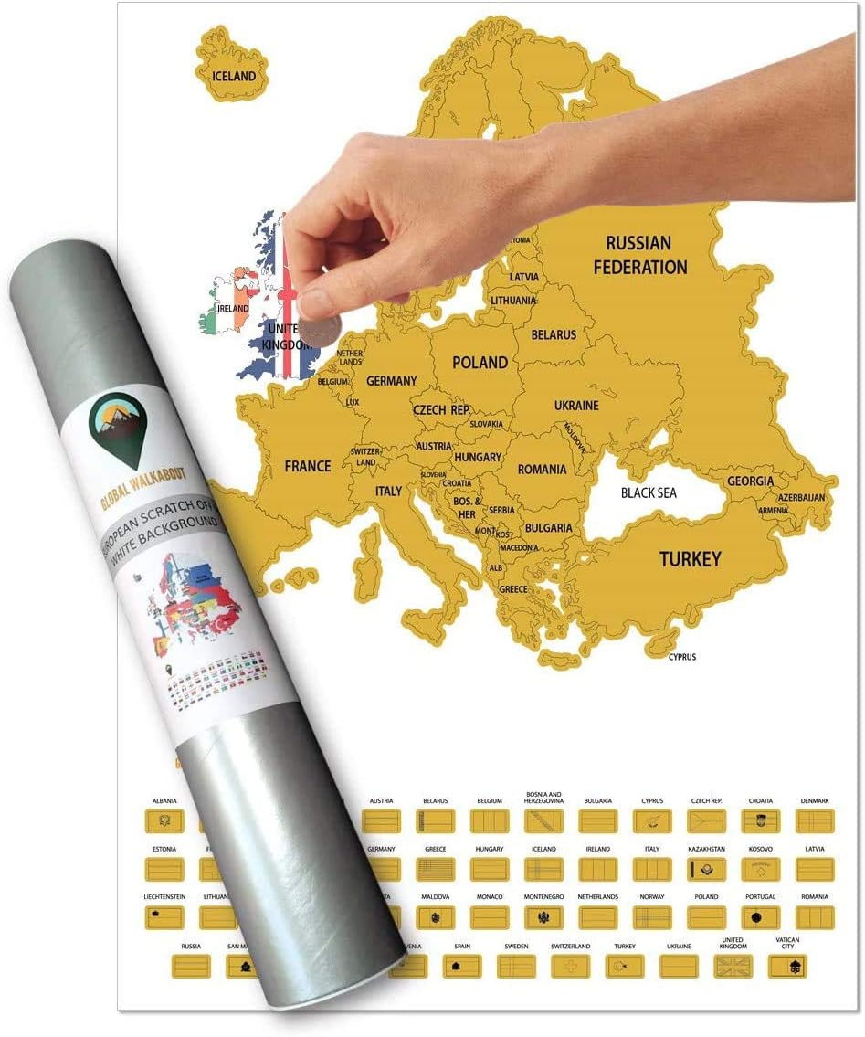 Global Walkabout Scratch Off Europe Map with Flags background – Deluxe Travel Size European Map Poster – Countries and Facts – Travel Gift (White)