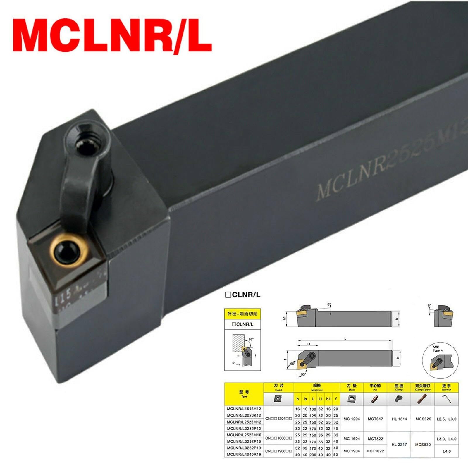 Soporte externo para herramientas de torneado MCLNR2020K12 20 x 20 x 125 mm para CNMG1204
