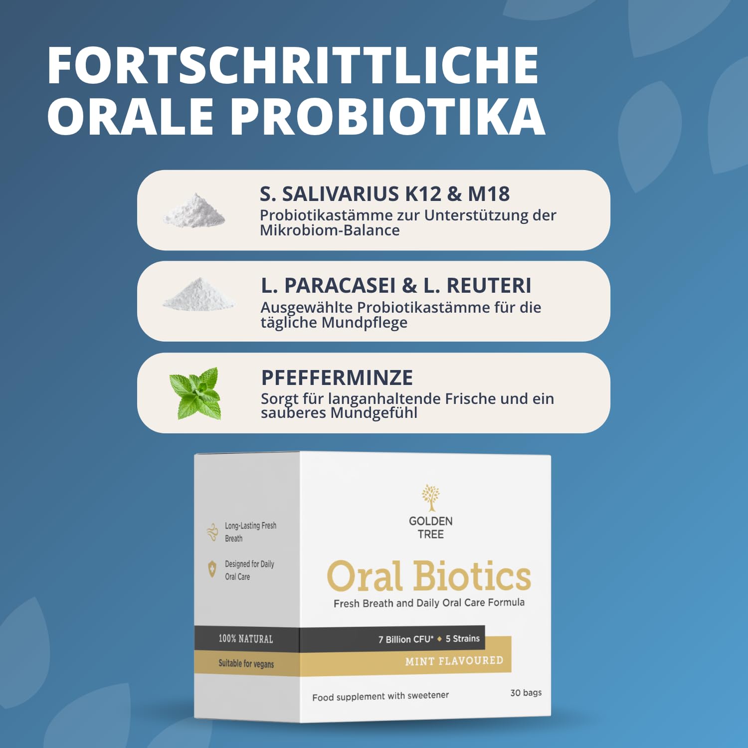 Golden Tree Oral Biotics – Bakterienkulturen für die Mundpflege, 30 Sachets | 7 Milliarden KBE pro Portion, 5 Bakterienstämme, Mundpflege-Sachets