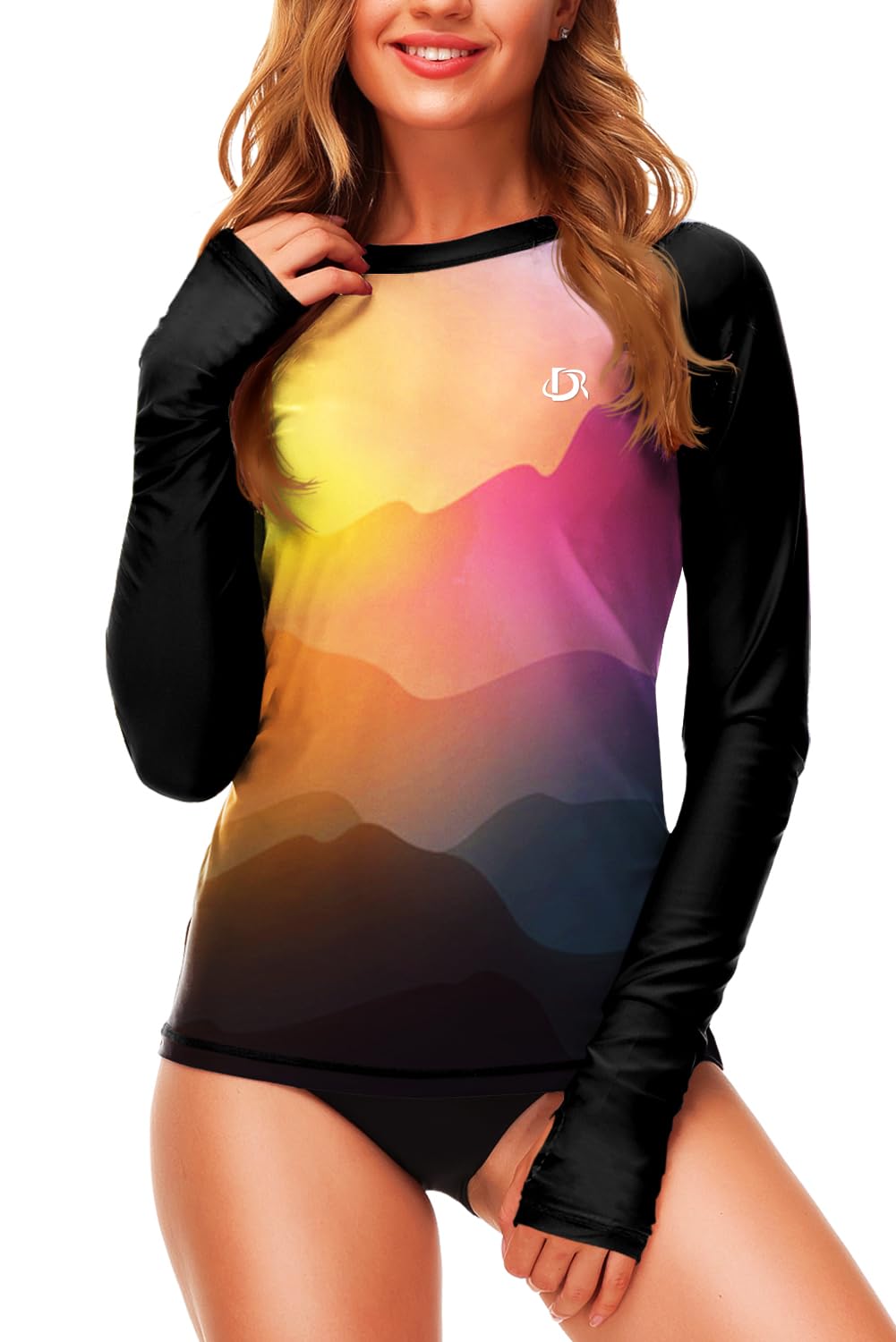 DeeroseWomens Gradient Rash Guard UPF 50+ Swim Shirts Surfing Top with Thumb Hole