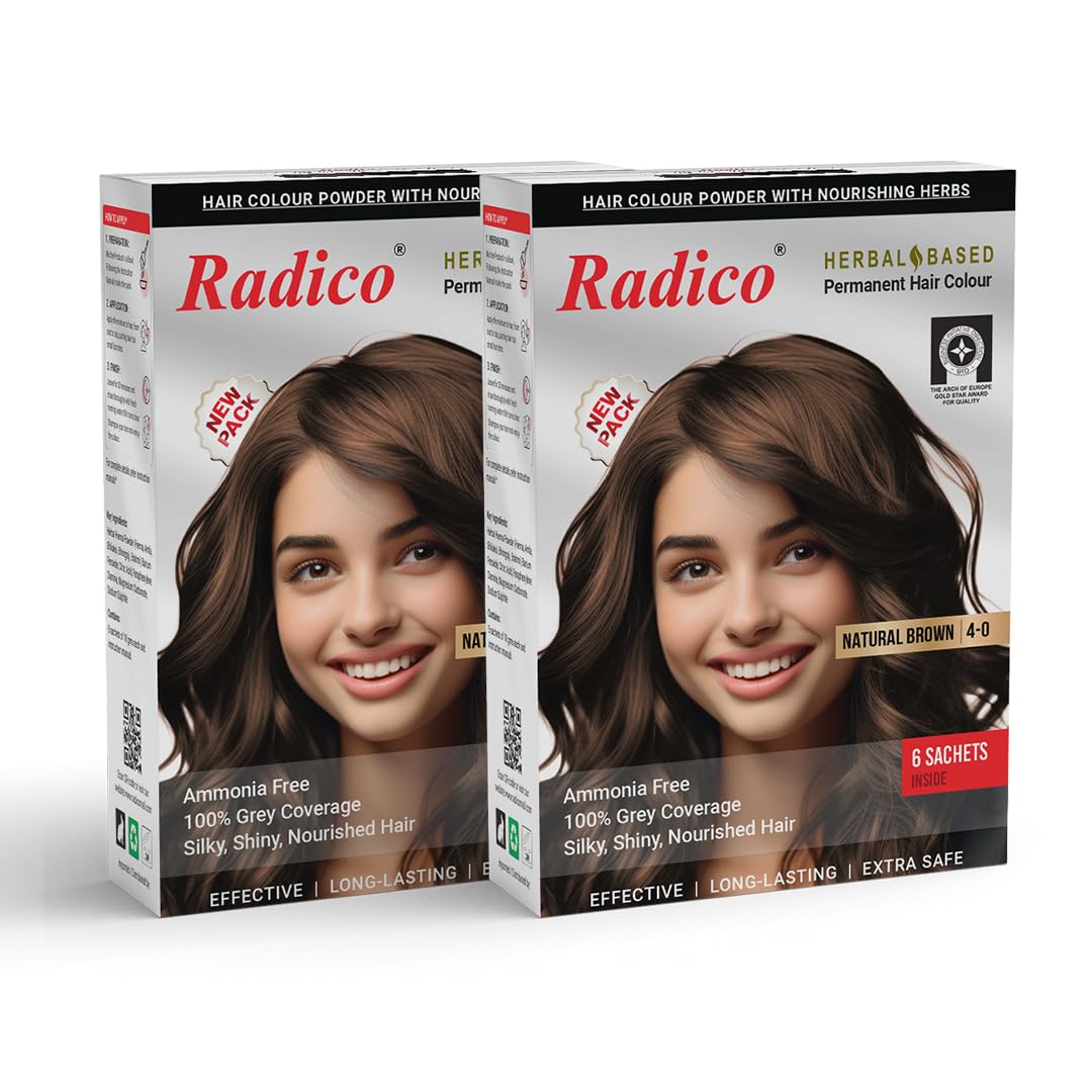 Radico Natural Herbal Permanent Shade Brown Hair Colour - No Ammonia Formula - Long-Lasting Natural Looking Color - 100% Grey Coverage, Mix & Apply (Pack of 2) (120g)