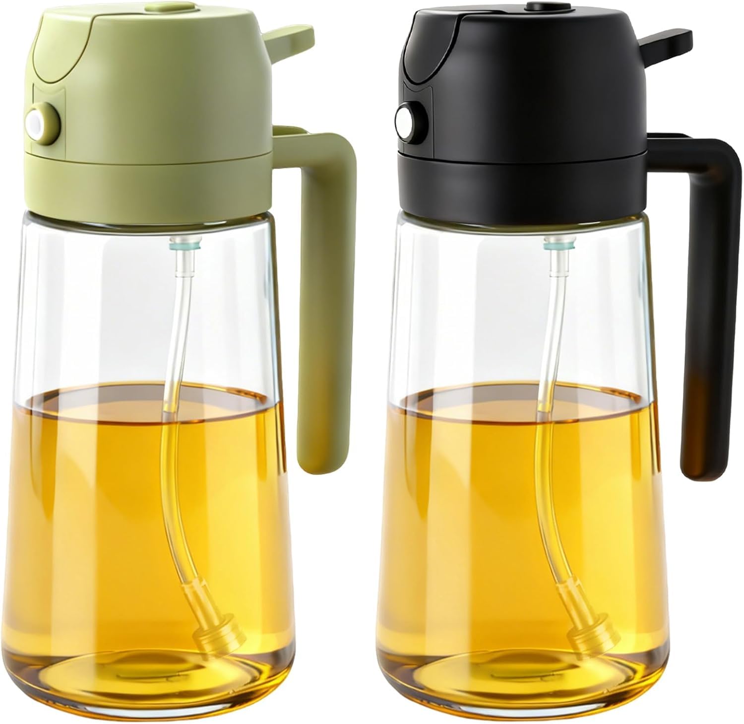 AMOYOX 2Pack Glass Oil Sprayer for Cooking 16oz/470ml, 2 in 1 Oil Dispenser with Label Stickers & Portion Control, Kitchen Gadget for Air Fryer, Salad, BBQ, Frying（Black+Green）