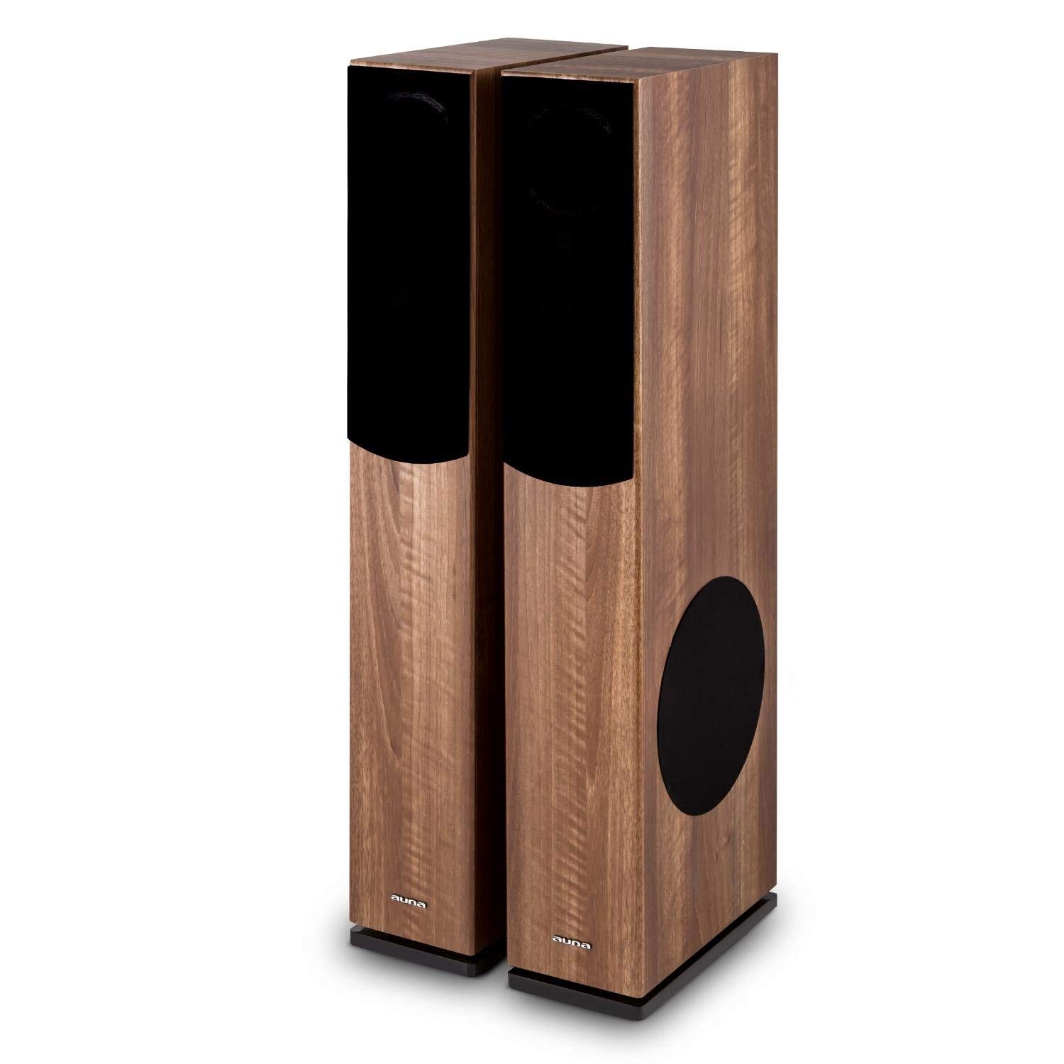 AUNA 501 FS WN - Enceinte Tour, Système 3 Voies, Woofer Basses 20cm, 140 W de Puissance RMS, Construction bassreflex, Enceintes passives, Contacts dorés, Noyer