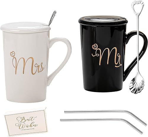 Jifoow Juego de 2 tazas de café de cerámica con tapa, tarjetas de regalo y accesorios (14 onzas), adecuadas para regalos de boda para novias y