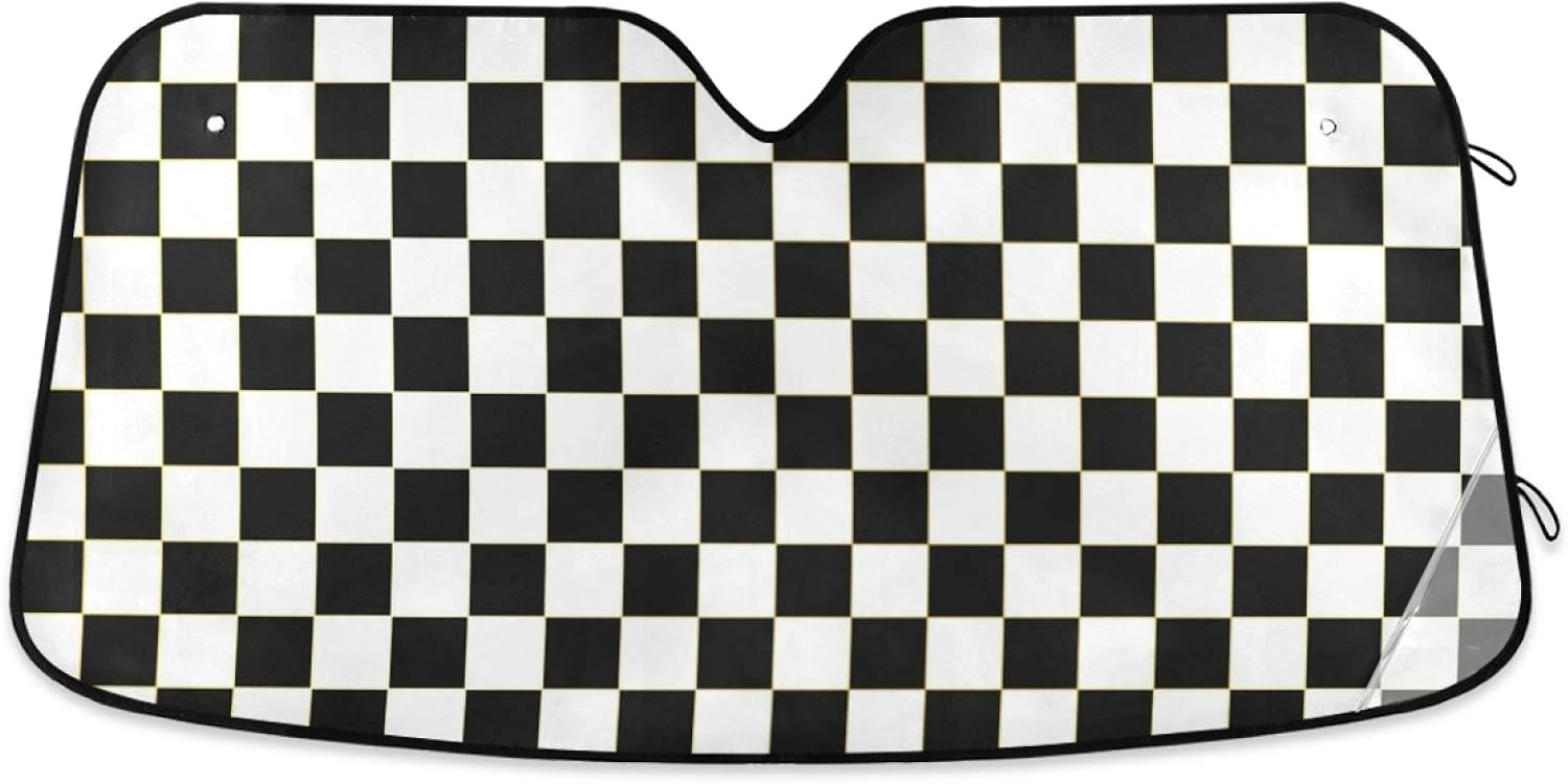 YiGee Black and White Checkered Pattern Car Windshield Sun Shade - Blocks UV Rays Sun Visor Protector, Sunshade to Keep Your Vehicle Cool and Damage Free, Fits Windshields of Various Sizes