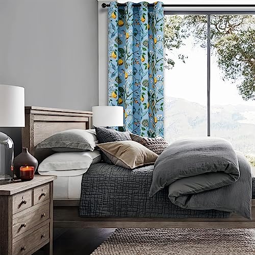 Image of Topfinel Blue Patterned Curtains 2 Pages 96 Inches Long Blackout Heat Block Farmhouse Watercolor Floral Flower Hummingbird Printed Drapes Grommet Window Treatment for Living Room,96 Inch Length