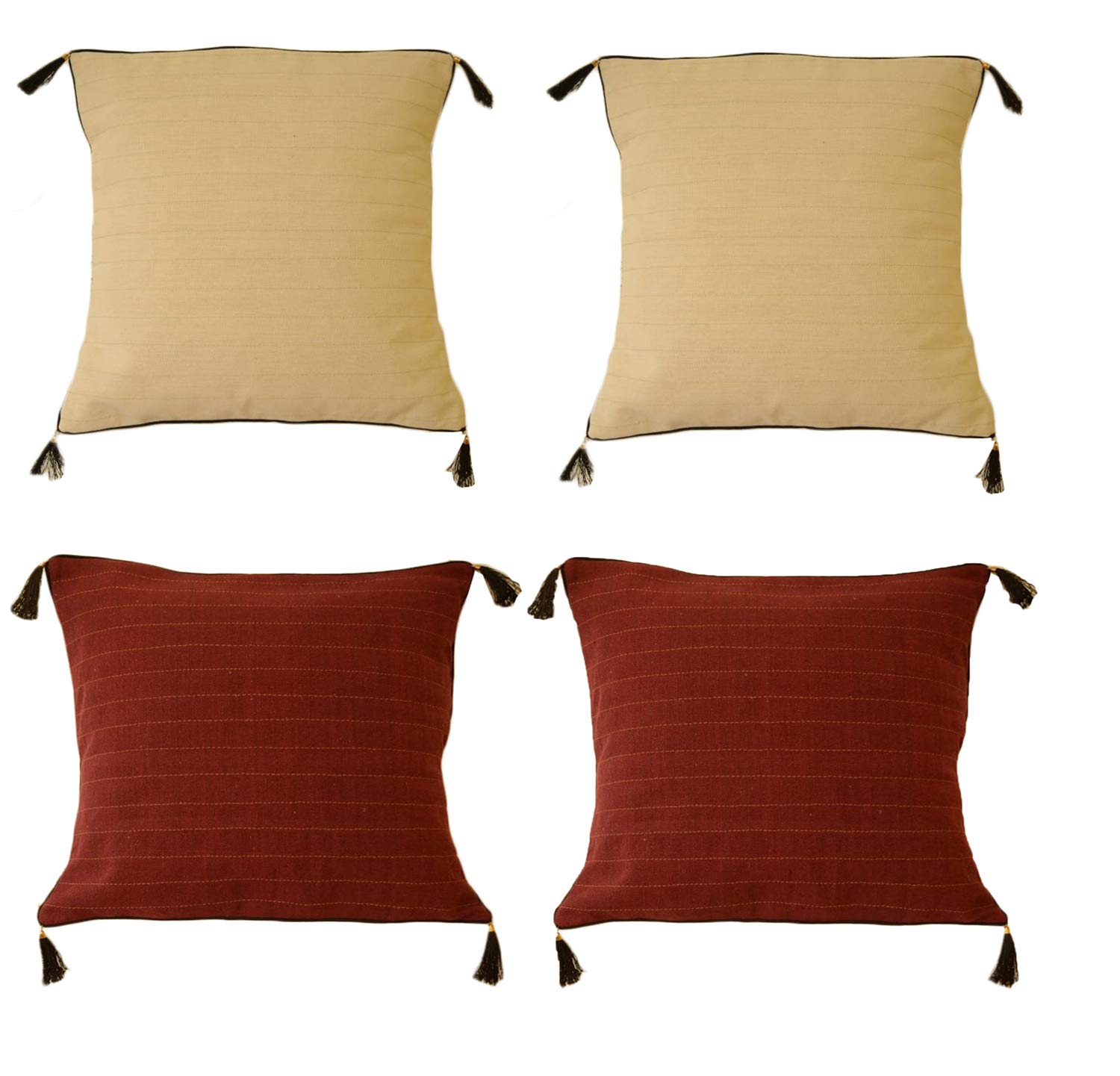 Dhaari Cotton Beige&Maroon with Black&Gold Stripes Cushion Covers (16X16 Inches) Pack of 4