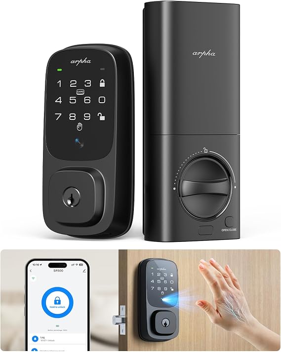 ARPHA Keyless Entry Door Lock, Palmar Vein Recognition Deadbolt with Handleset for Front Door, Built-in WiFi, Amazon Alexa, Google Assistant, App-Control, Voice Control, NFC