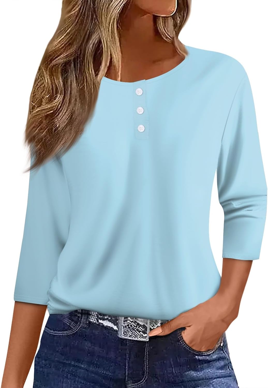Women's Summer Tops, 3/4 Length Sleeve Tops Round Neck Button Tunic Tops Casual Shirts, S-3XL