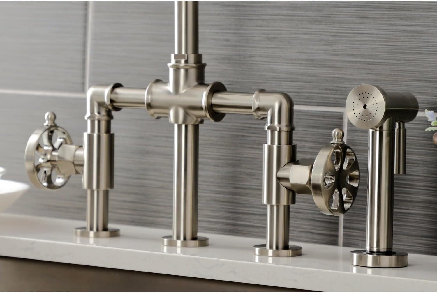 Kingston Brass KS2334RX Belknap Industrial Style Bridge Kitchen Faucet with Brass Sprayer, Black Stainless