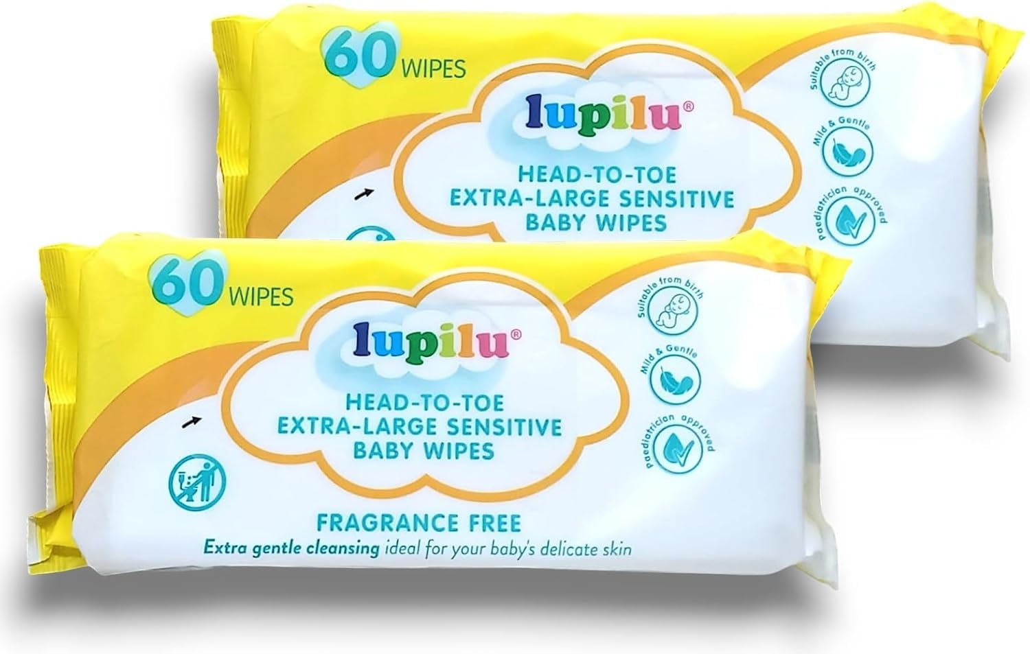2x Lupílu - Lidl | Head to Toe - Extra Large Sensitive Baby Wipes | Paediatrician Approved | Mild & Gentle | Suitable From Birth - Ideal For Baby's Delicate Skin | Fragrance Free | 60 Wipes In Each