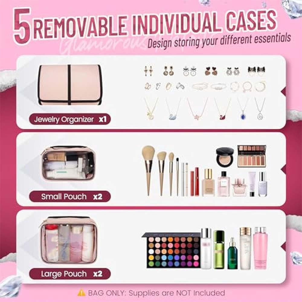 Neceser de Maquillaje de Viaje, Neceser de Maquillaje con múltiples Compartimentos, 4 Cajas extraíbles y 1 Rollo Organizador de Joyas