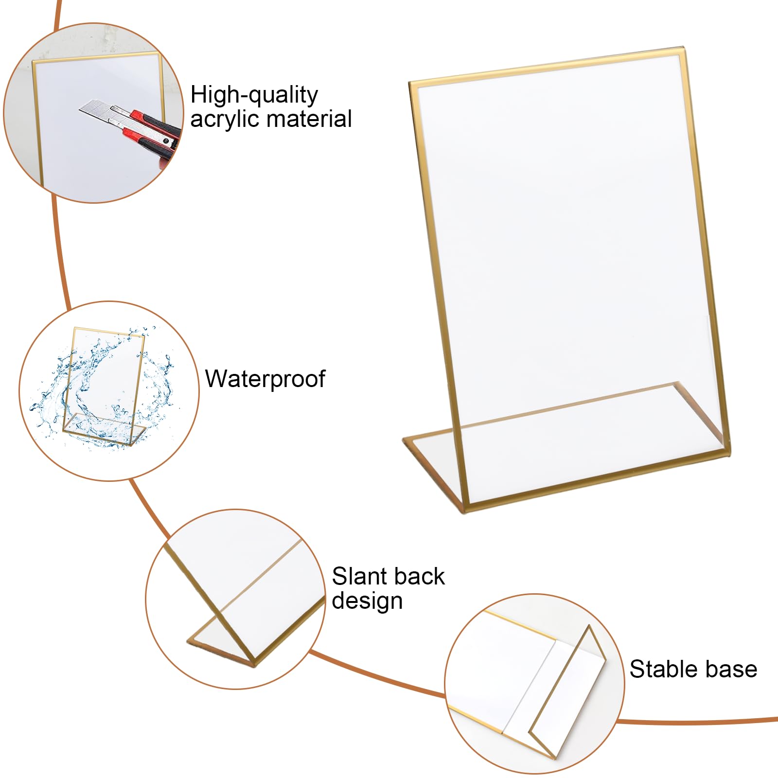3 Pack Slant Back Acrylic Sign Holder with Gold Border, 5 x 7 Inch L-Shape Table Menu Display Stand - Image 3