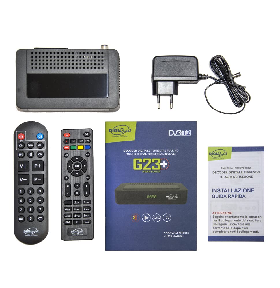 DIGIQUEST Decoder Digitale Terrestre DVB-T2 G23 Plus | Mediaplayer, Doppio telecomando di cui uno 2 in 1 e con tasti grandi | Ideale anche per barche e camper