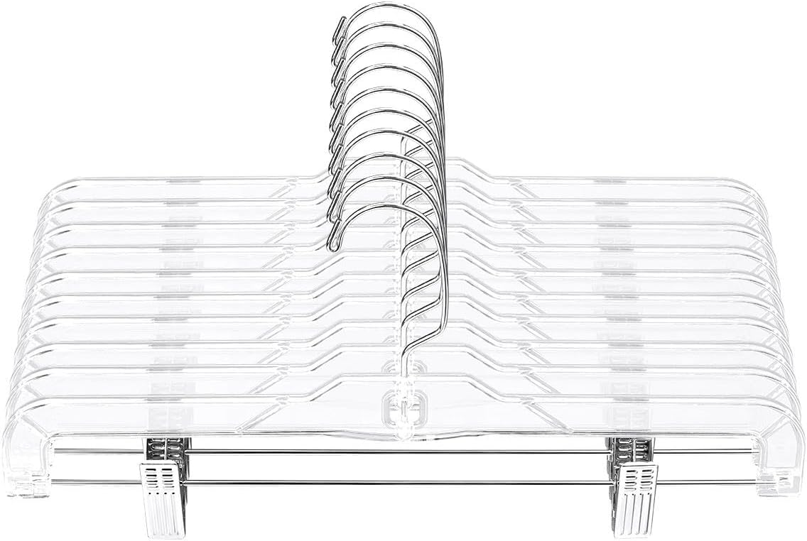 AMKUFO Pants-Hangers-with-Clips-15-Pack, 14 Inch Clear-Plastic-Skirts-Hangers-with-Adjustable-Clips for Shorts Jeans Trousers, Clothes-Hangers Non-Slip Clip-Hangers